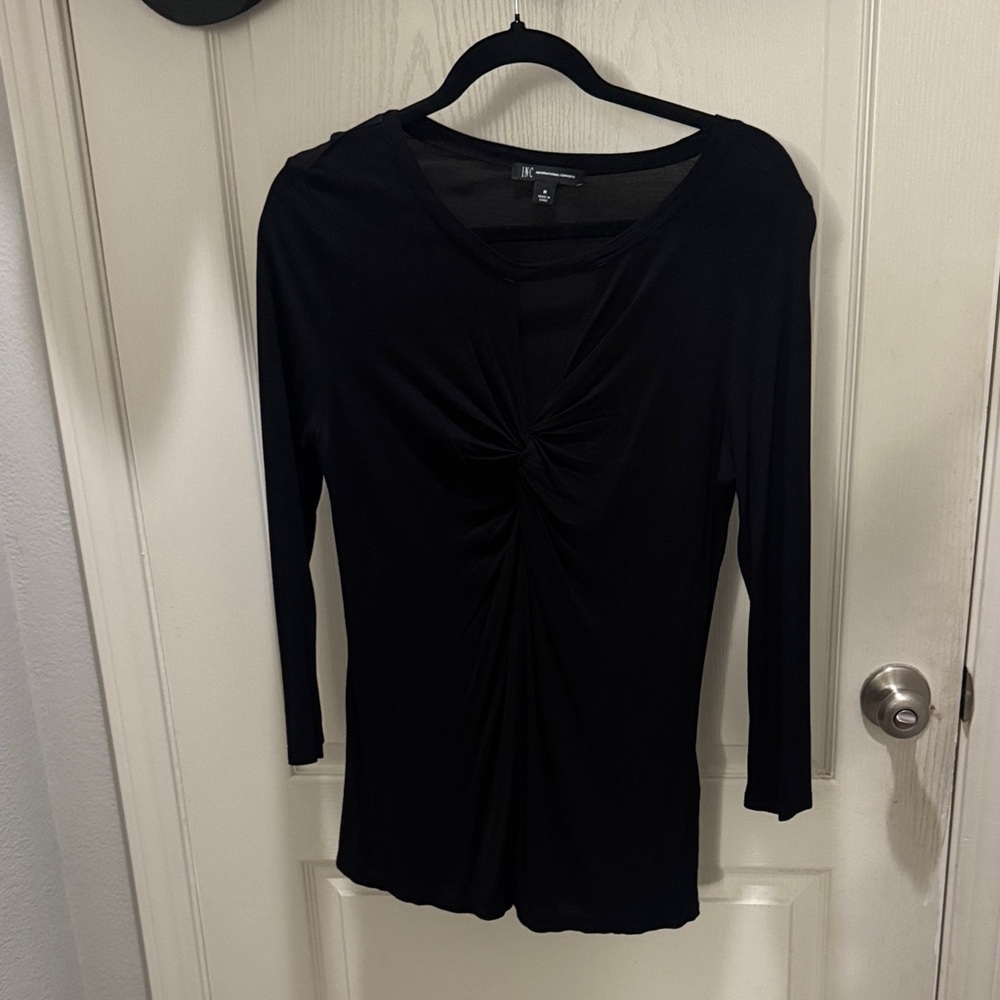 INC Black Twist Front 3/4 Sleeve Top Women's Medium Stretch Knit